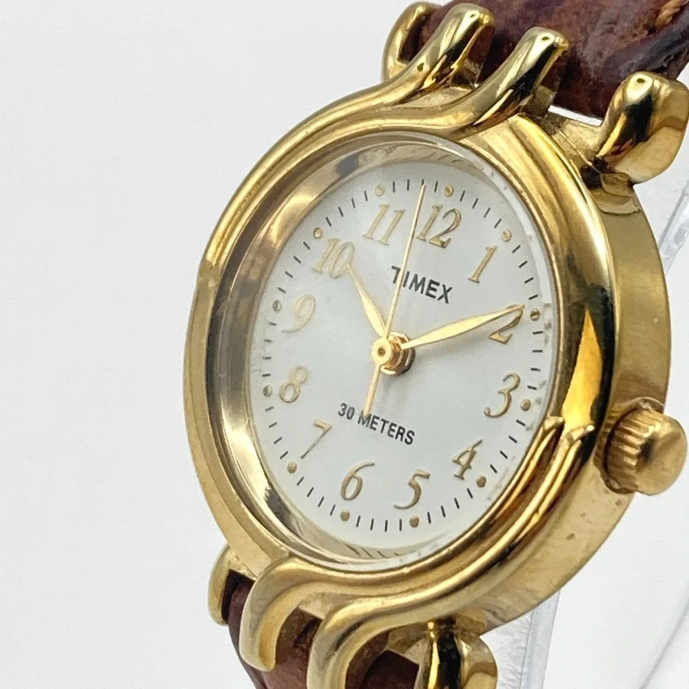 Vintage Timex Women's Watch 25mm Gold Tone Leather New Battery SMALL 7.5